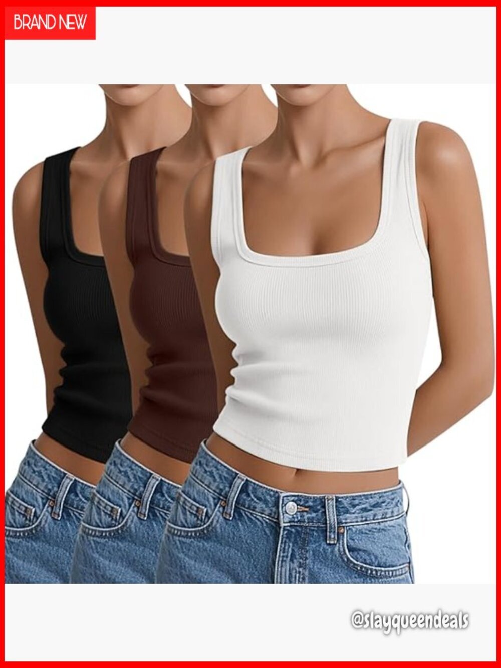 Square Neck Ribbed Cropped Tank Top - Stretch Fabric Summer Basic
